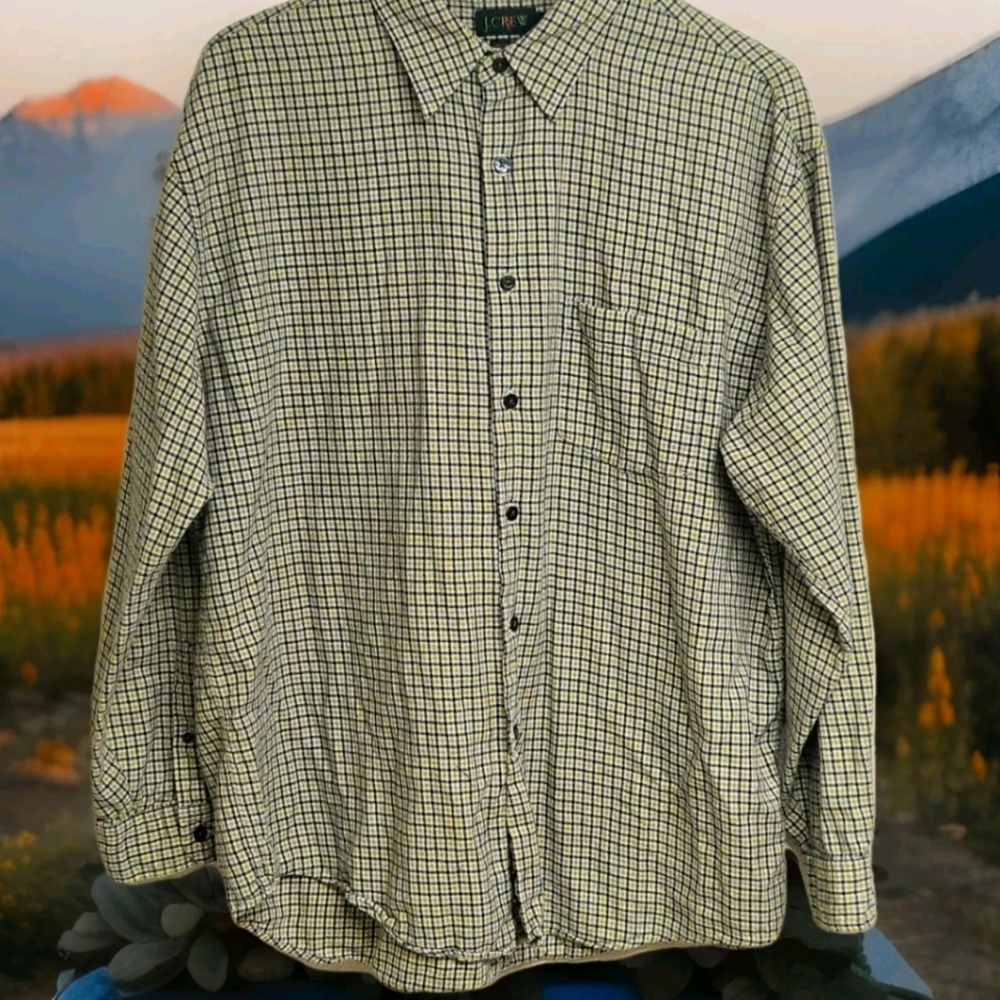 J.Crew Men's Plaid Check Button Up Shirt Green Bl Long Sleeve Size XL